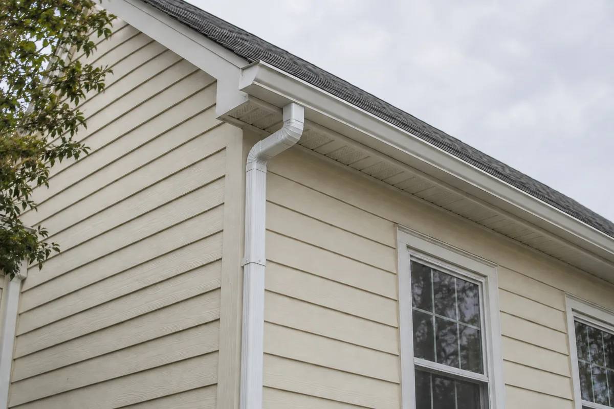 AI-generated illustration: A gutter and downspout on a house with cream horizontal siding.