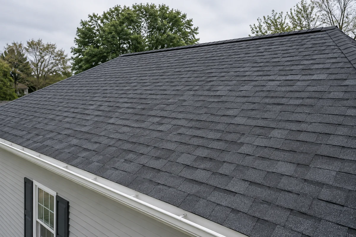 AI-generated illustration: A charcoal asphalt-shingle roof with a capped ridge and white gutter edge.